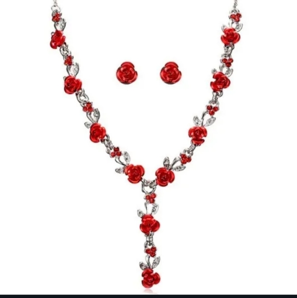 4XHP!! NWT Beautiful Blood Red Sparkling Roses Necklace & Earrings Set! - Picture 1 of 8